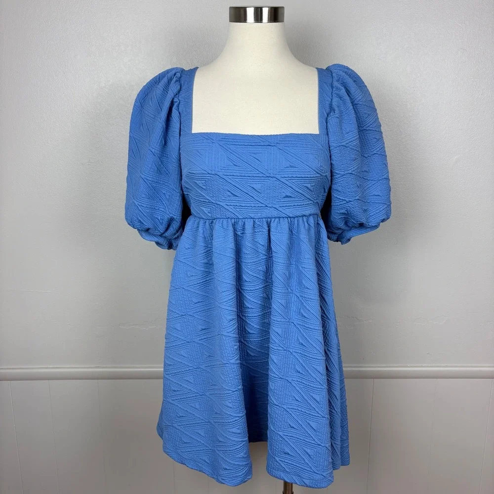 Free People Violet Puff Sleeve Mini Dress Blue Babydoll Textured‎ Matelasse Knit